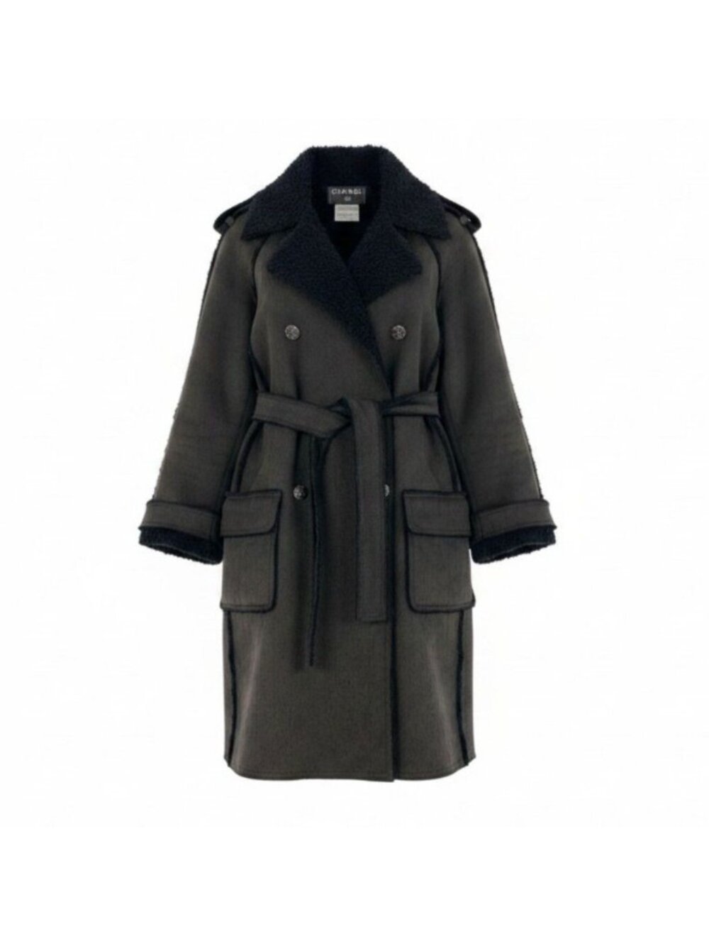 Chanel Coco Buttons Cutoff Trench Coat Frayed Edge Dark Gray 38